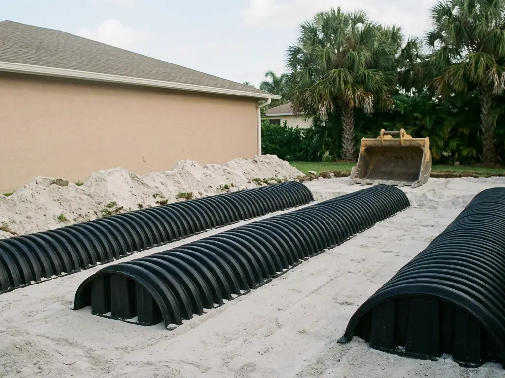 New drainfield chambers laid on a sand bed for a drainfield replacement in West Palm Beach, FL