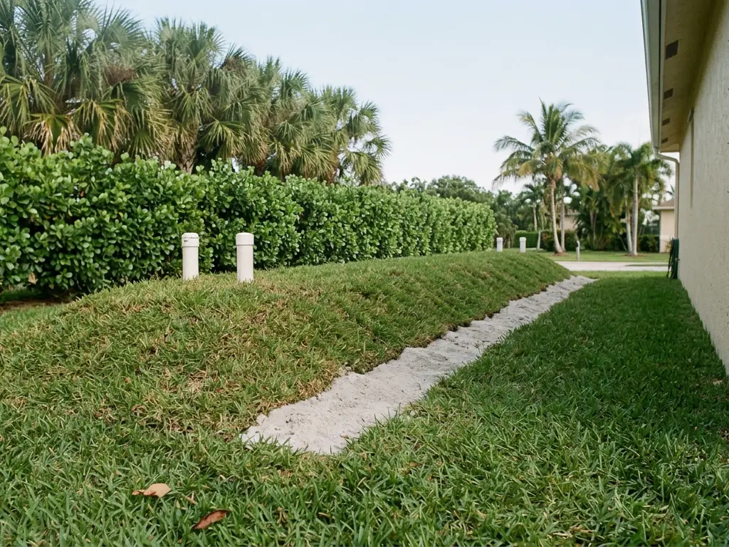 Raised mound septic drainfield in the side yard of a West Palm Beach, FL home
