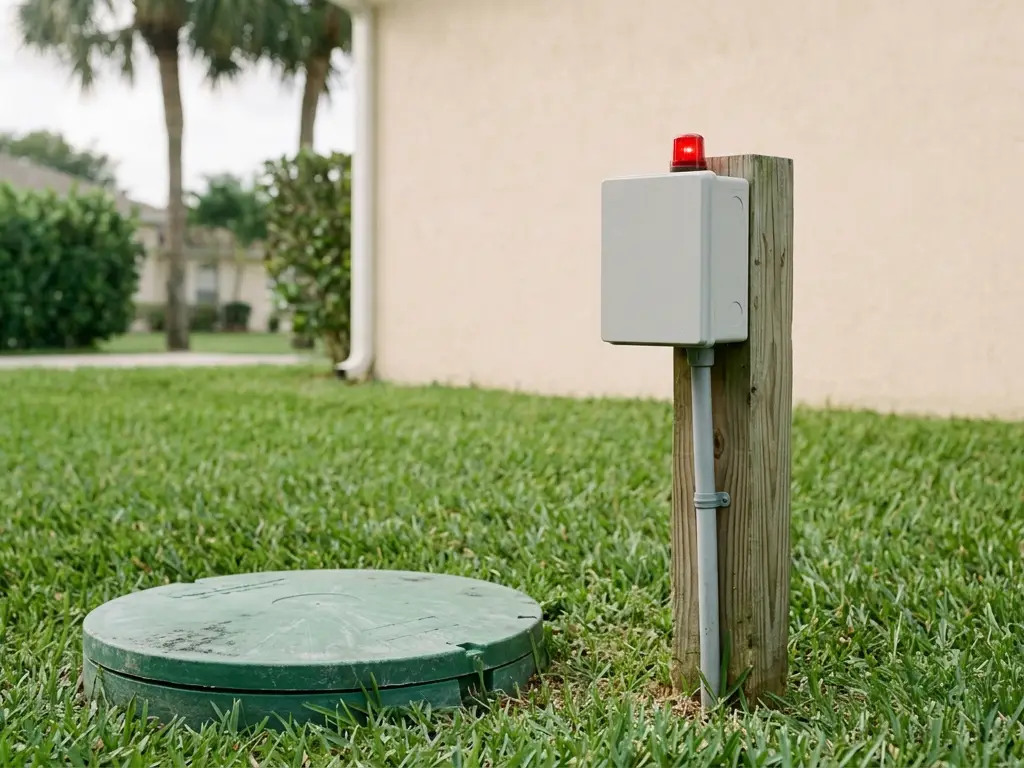 Septic alarm control box with red light lit in a West Palm Beach, FL side yard