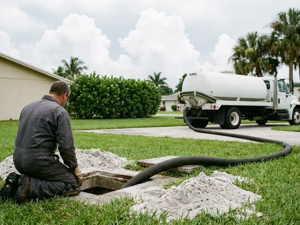 Septic service technician pumping a septic tank in a West Palm Beach, FL back yard