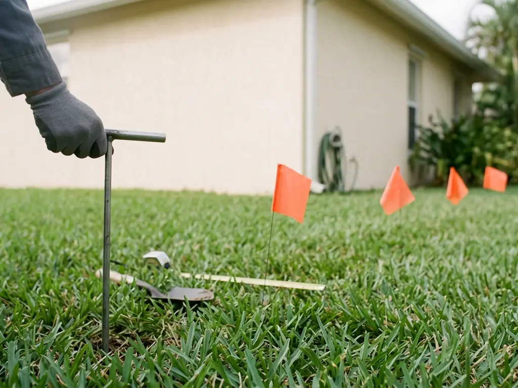 Probe rod and marker flags locating a buried septic tank in a West Palm Beach, FL lawn