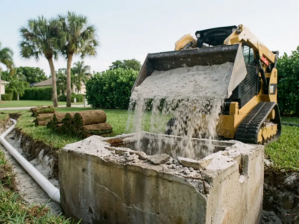 Older septic tank being filled with sand during a sewer conversion near Lake Worth Beach, FL
